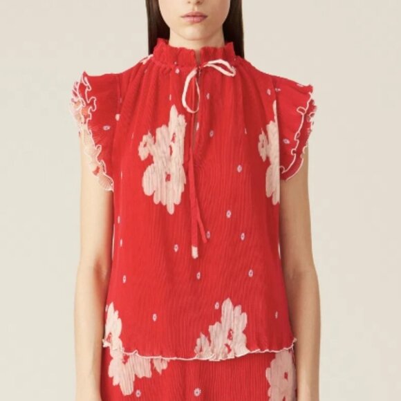 NWOT GANNI Ruffle Cap Sleeves Red Floral Plissé Chiffon Tie Blouse/Top S $265 - Picture 1 of 10